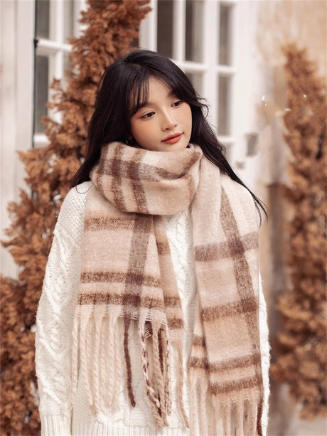 Liber Winter ACC Solid Color Warm Tassel Plaid Scarf