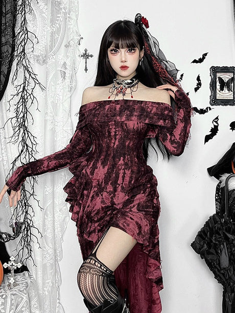 Liber SS Women's Lace Floral Ruffles Pleated Slit Midi Dress