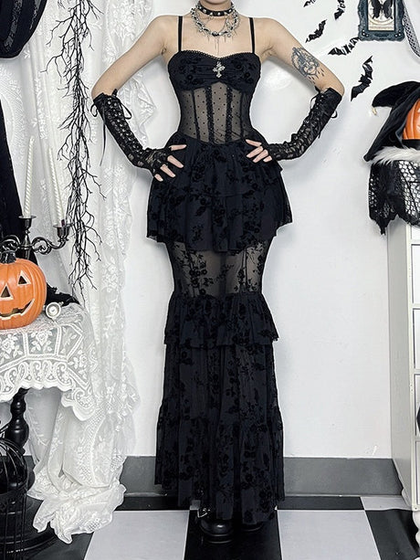 Liber SS Women's Lace Fabric Pleated Long Dress